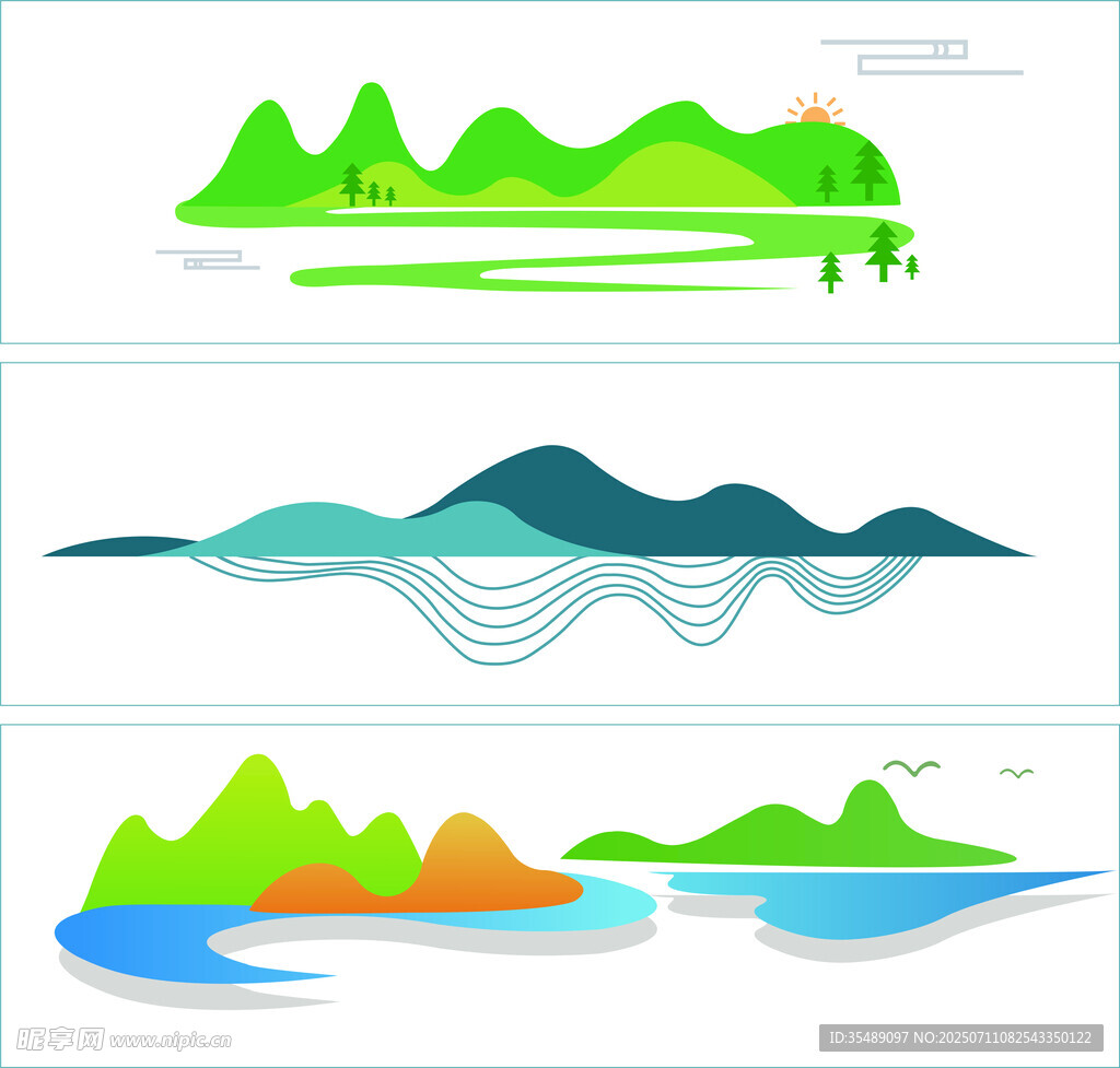 绿水青山河流线条插画