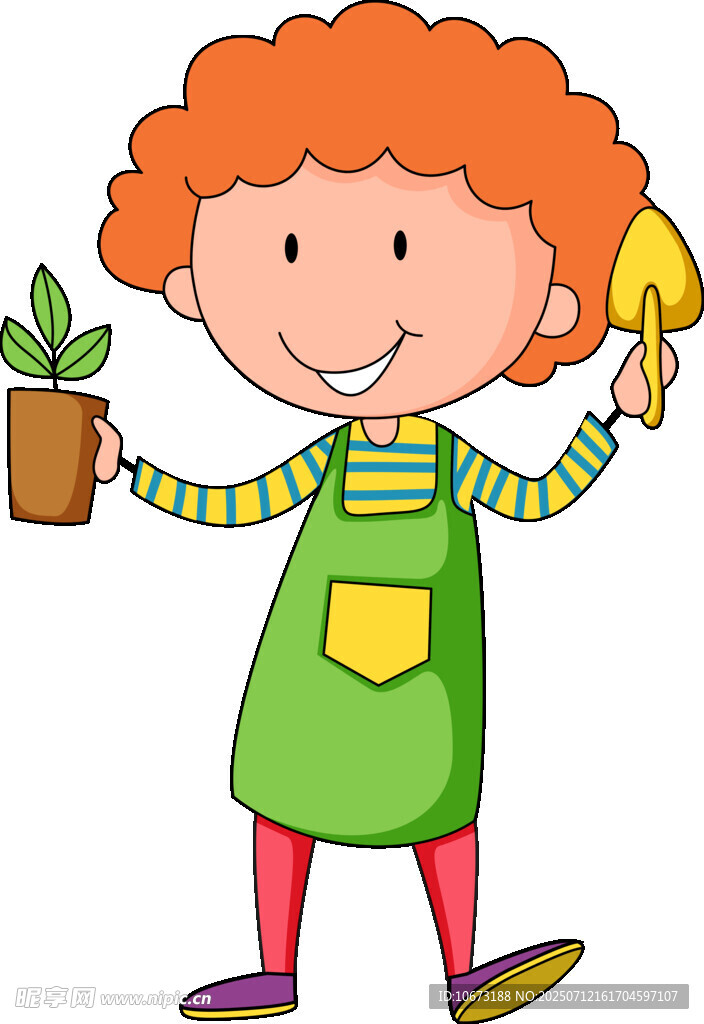 快乐小孩手持盆栽与铲子