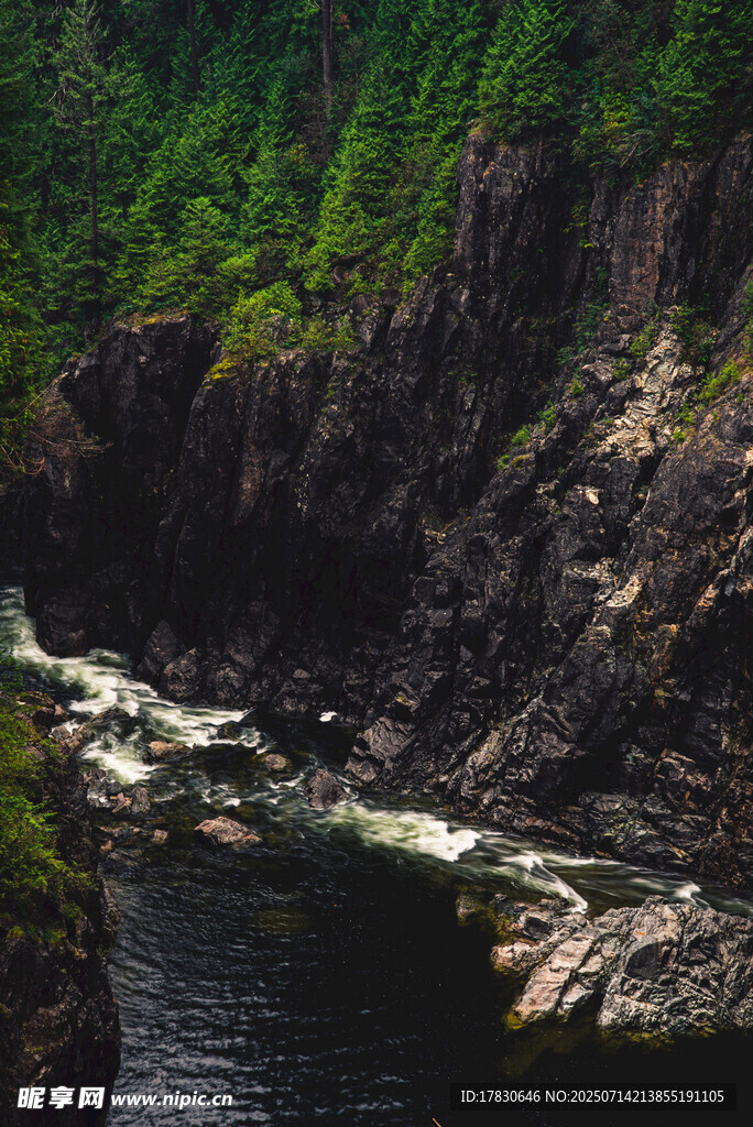 山间湍急溪流与葱郁植被