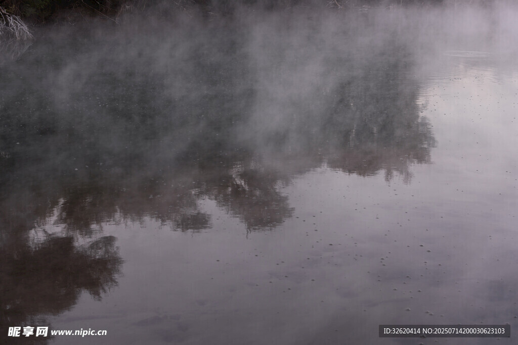 湖面薄雾中的树木倒影