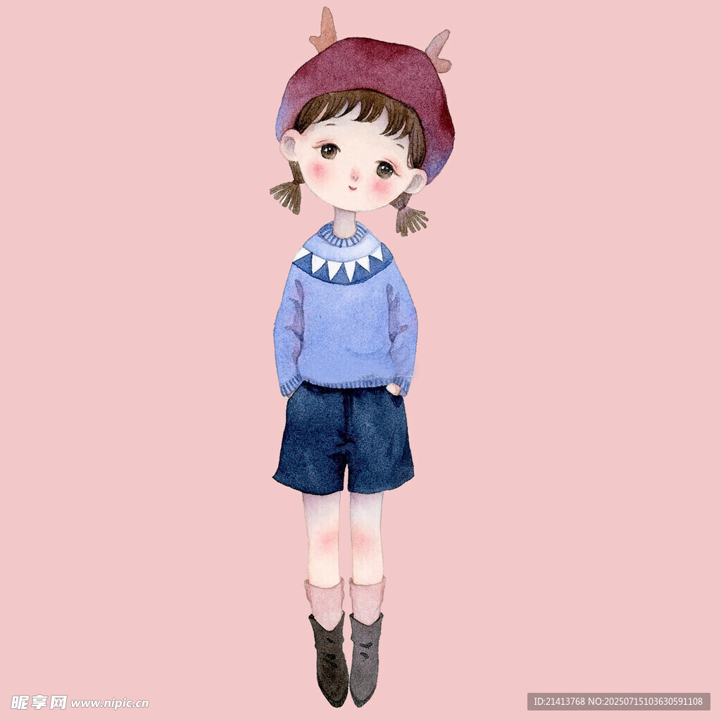 戴鹿角帽的可爱卡通女孩