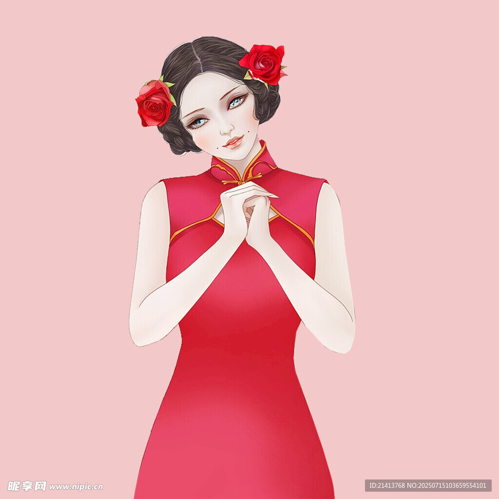 红衣旗袍女子优雅造型