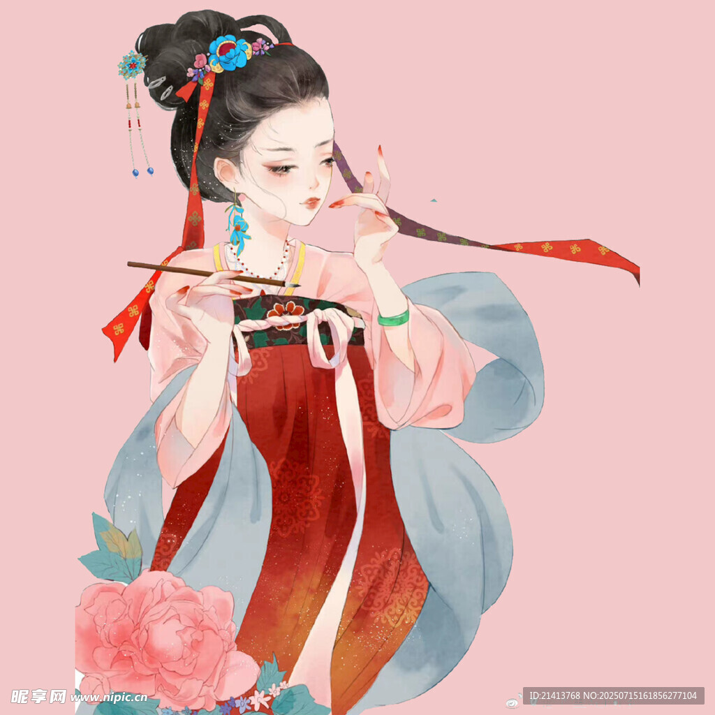 古风佳人持笛优雅图