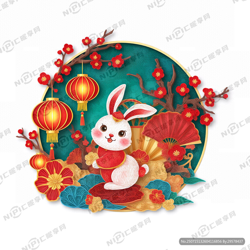 衍纸艺术 春节 可爱兔子 红梅
