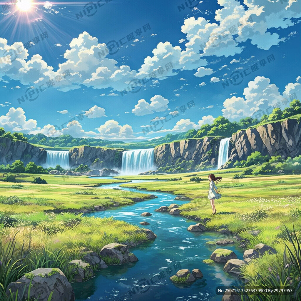 瀑布河流 平原草地 自然风光