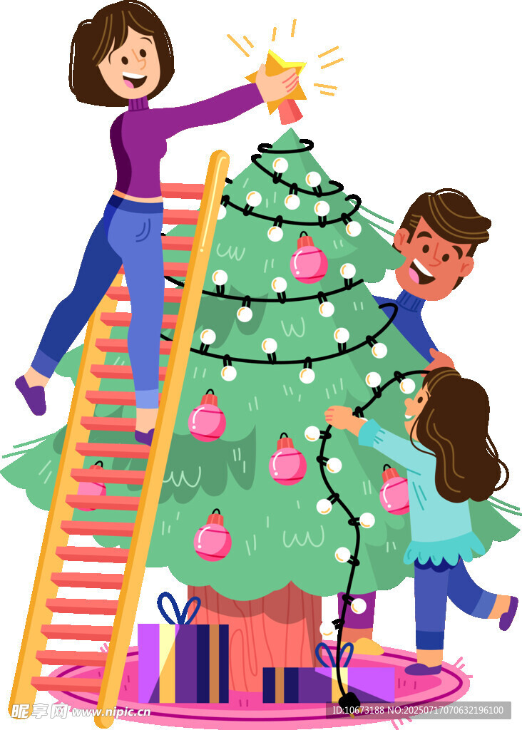 一家人欢乐装饰圣诞树