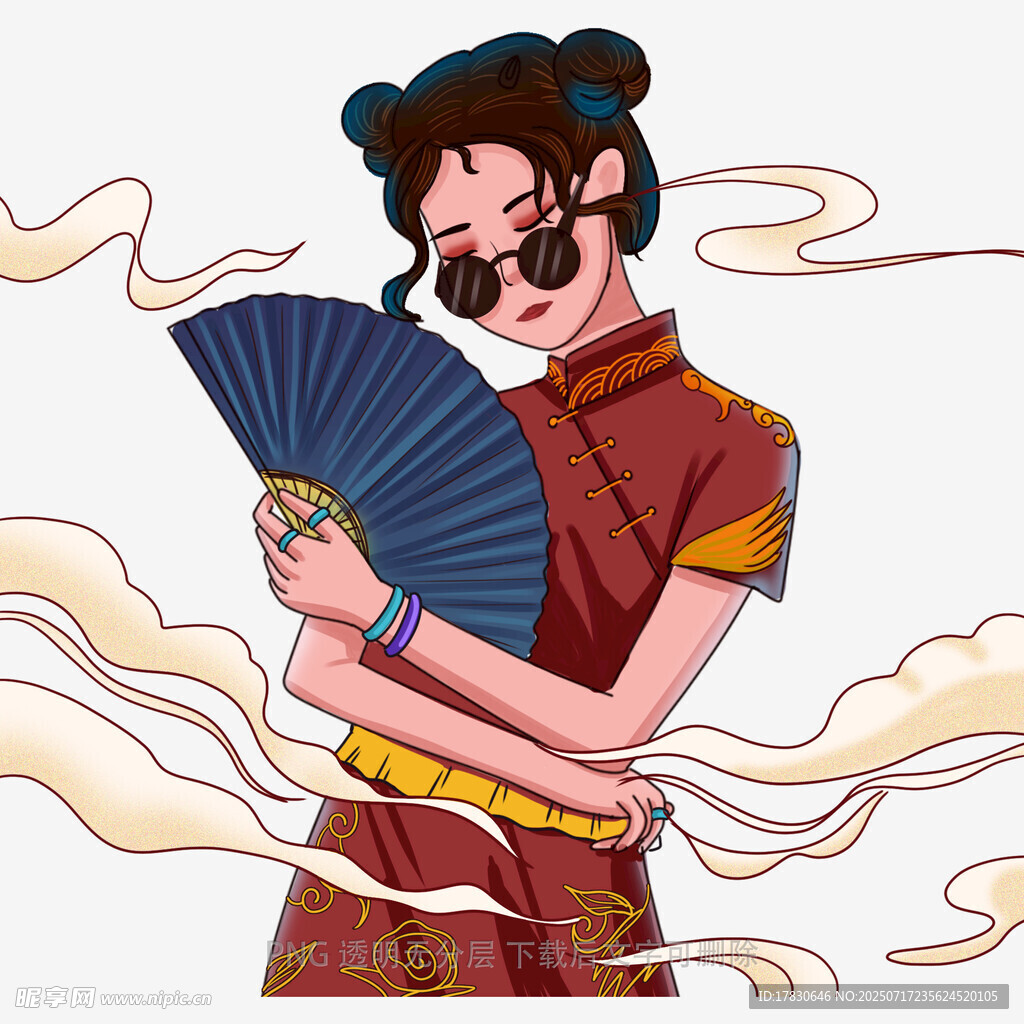 旗袍女子持扇展东方韵味