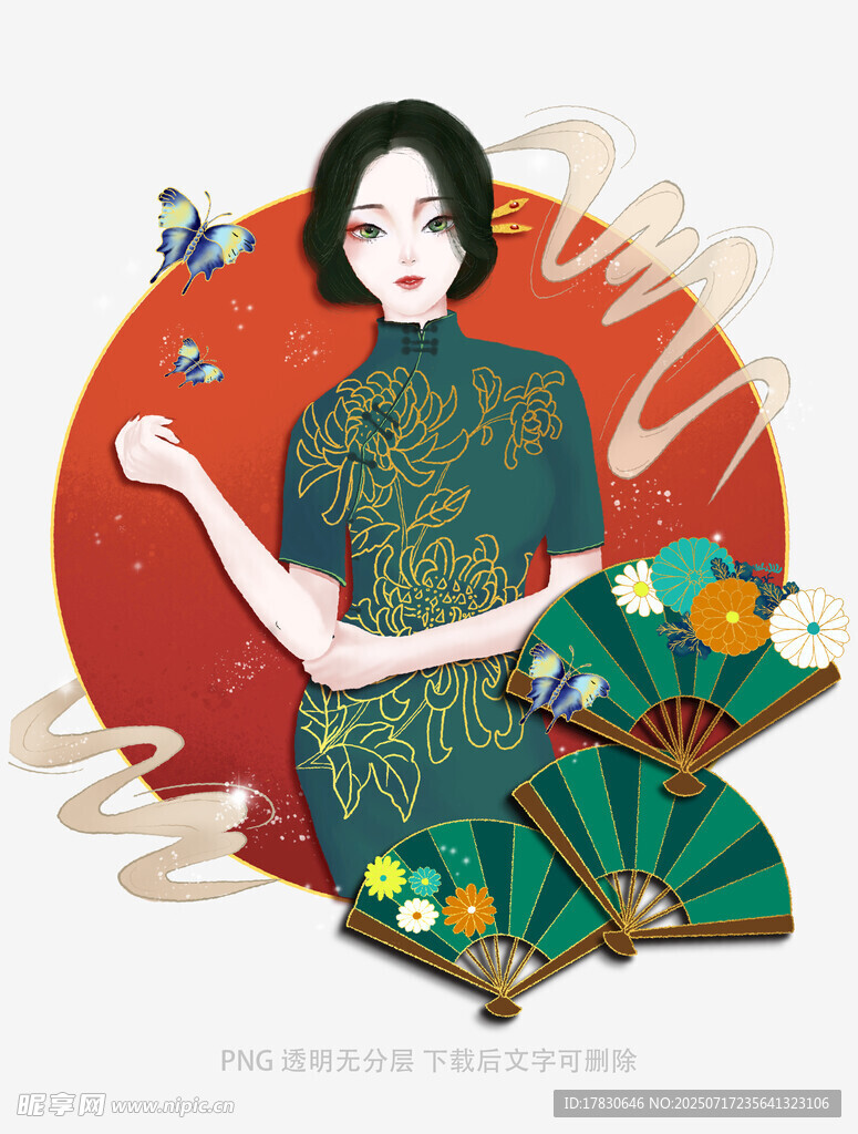 复古旗袍女子与花鸟景致