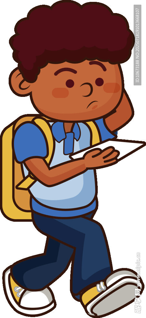 背着书包的男孩看纸张