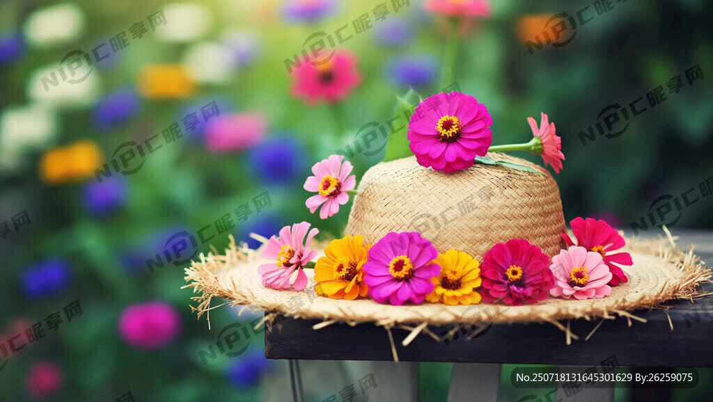 草帽上围绕着花朵