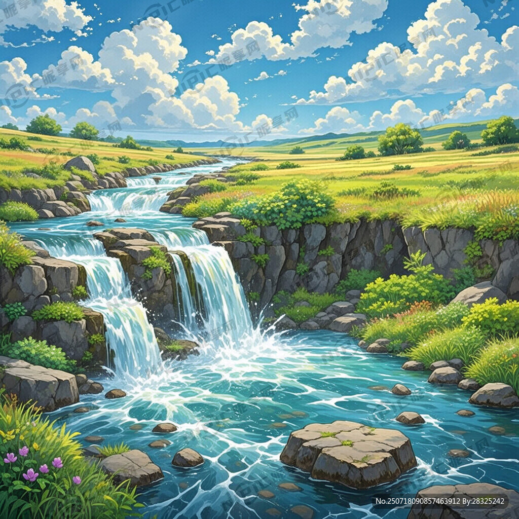 瀑布河流 平原草地 自然风光