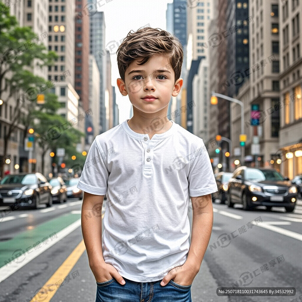 帅气小男孩 穿着白色体恤