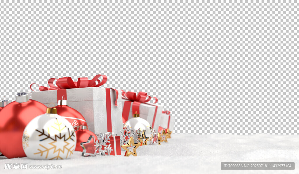 圣诞礼物摆放在雪地场景中
