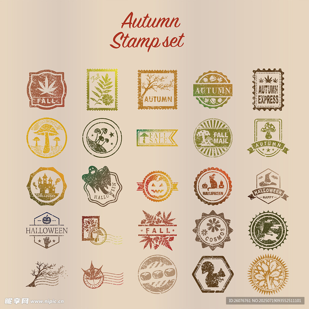 复古秋季邮票图案集合
