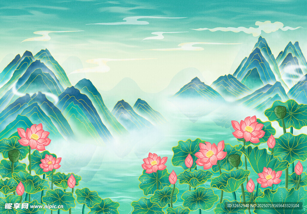 山水间绽放的娇艳荷花