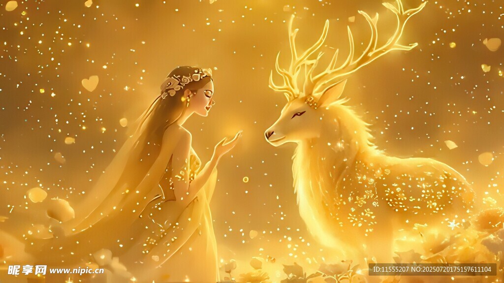 梦幻少女与发光神鹿特效视频