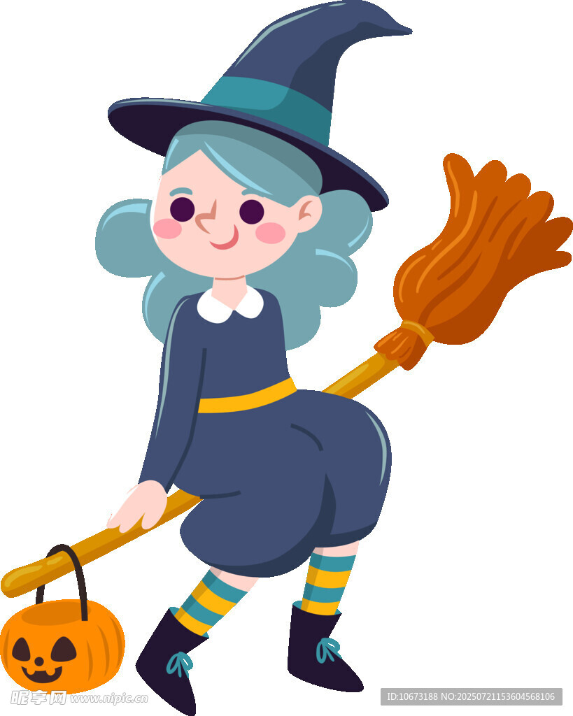 可爱女巫手持扫帚提南瓜灯