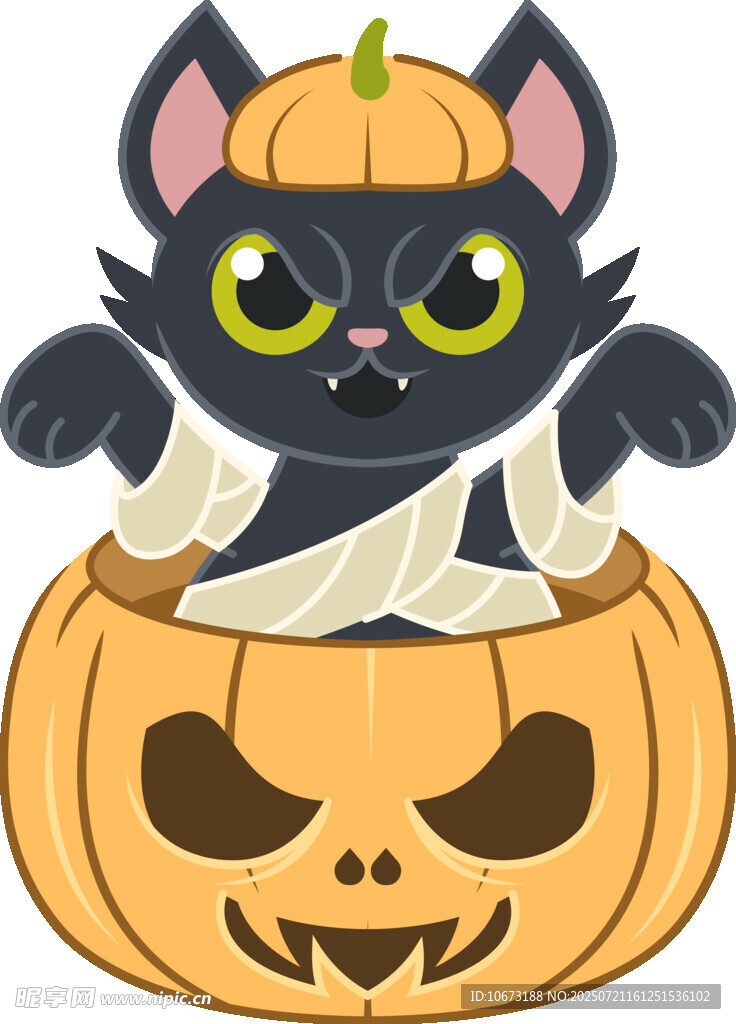 黑猫躲在南瓜灯中扮鬼脸