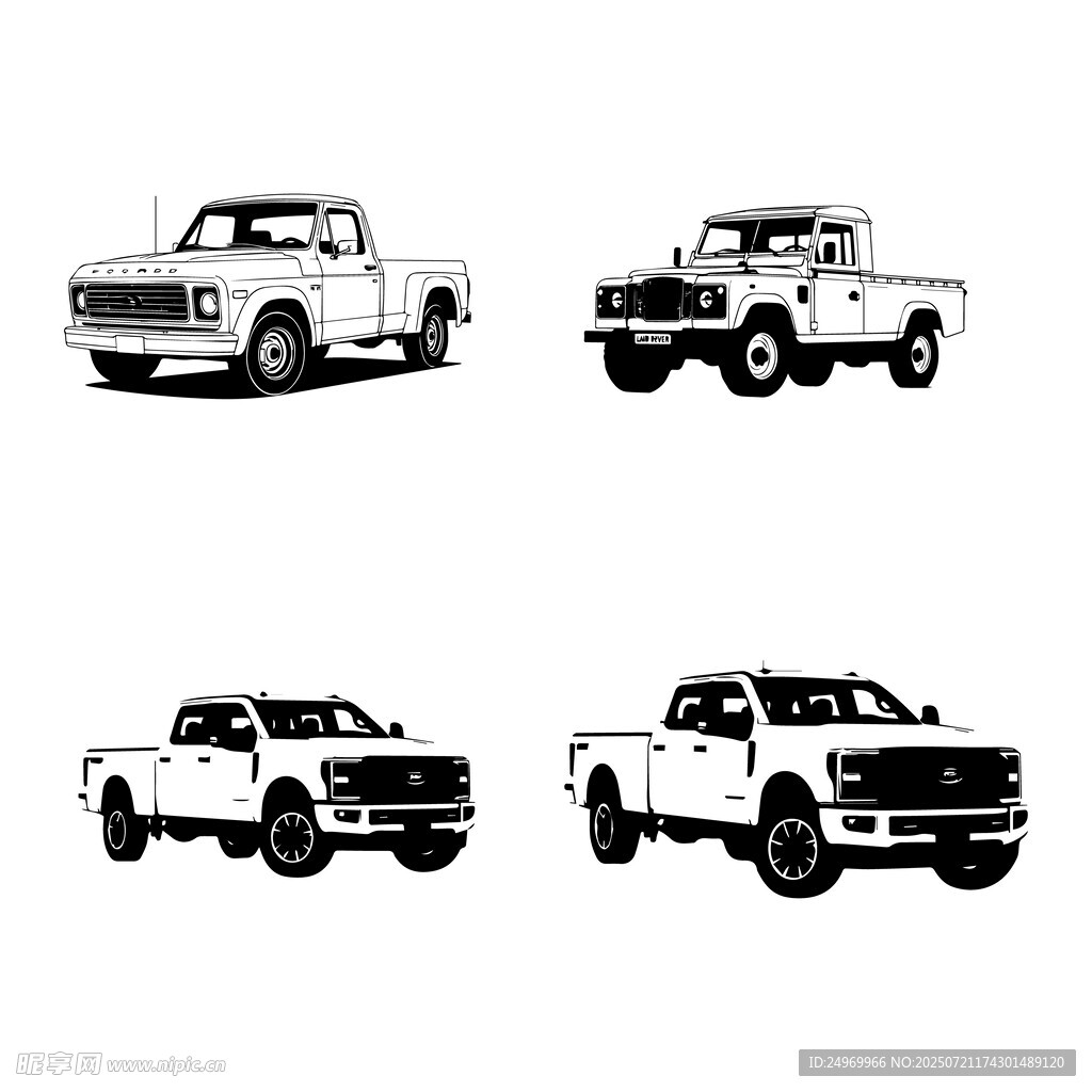 四款经典皮卡车型轮廓图