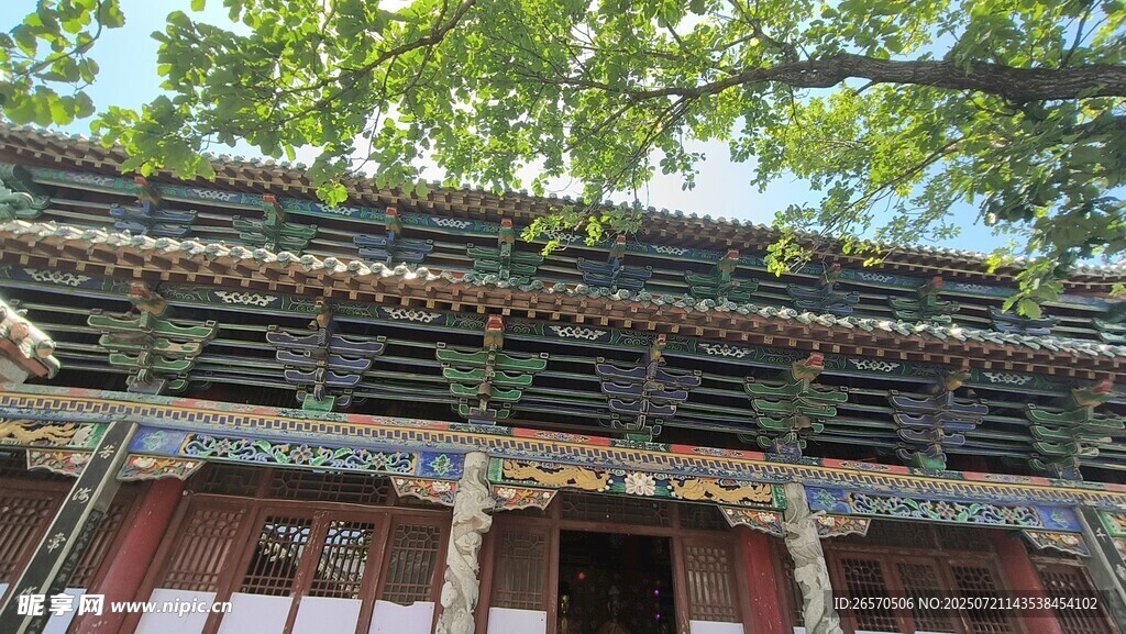 中式古建筑屋檐与绿树