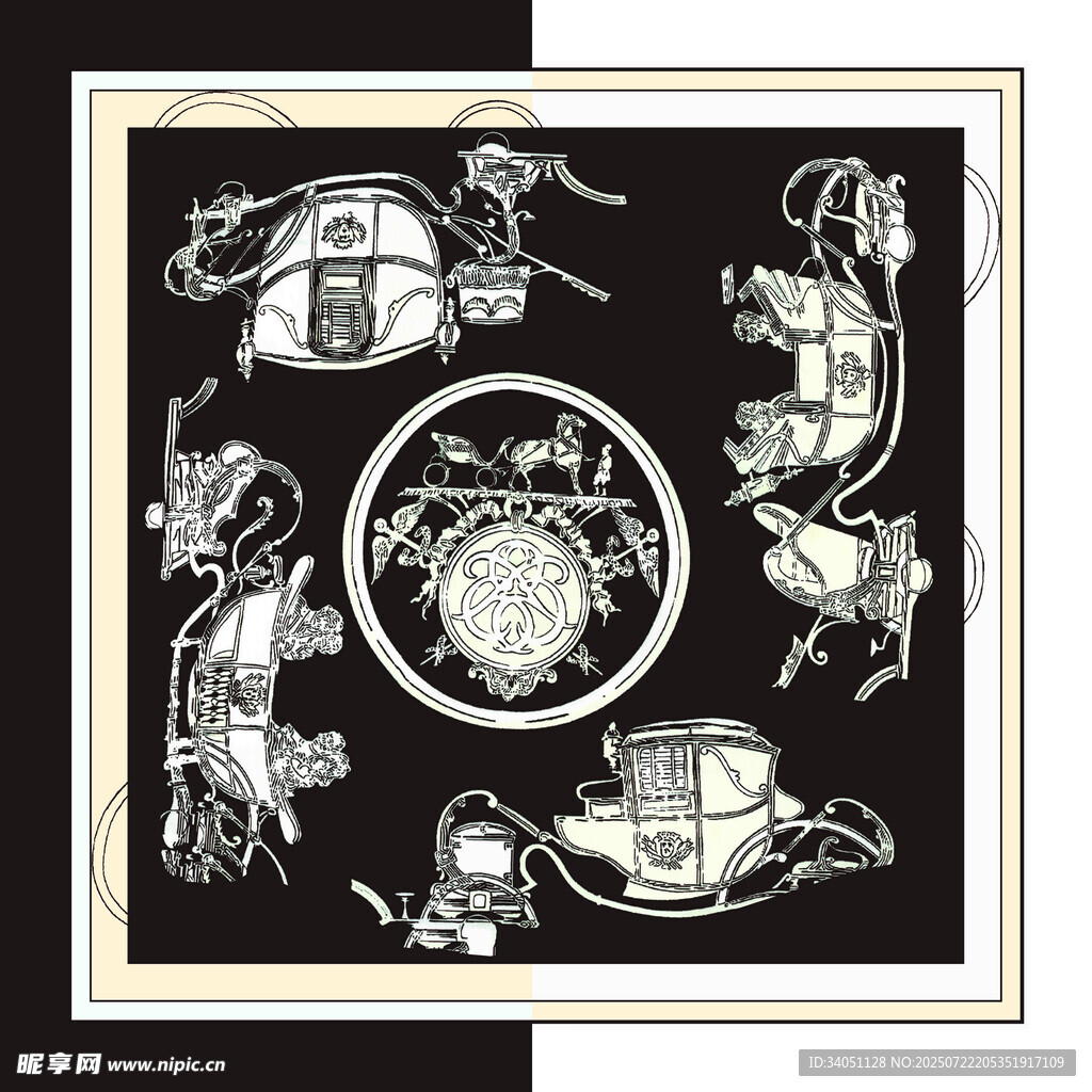 复古风黑白图案装饰方巾