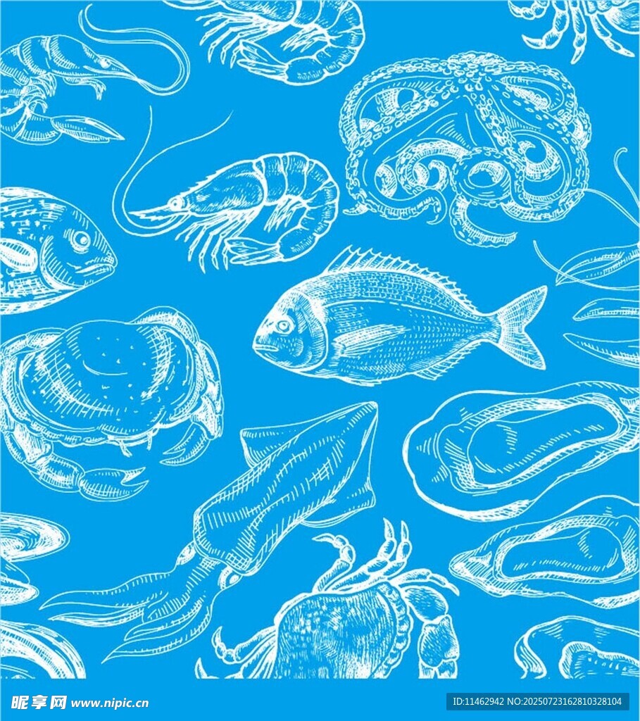 蓝色海洋生物手绘图案