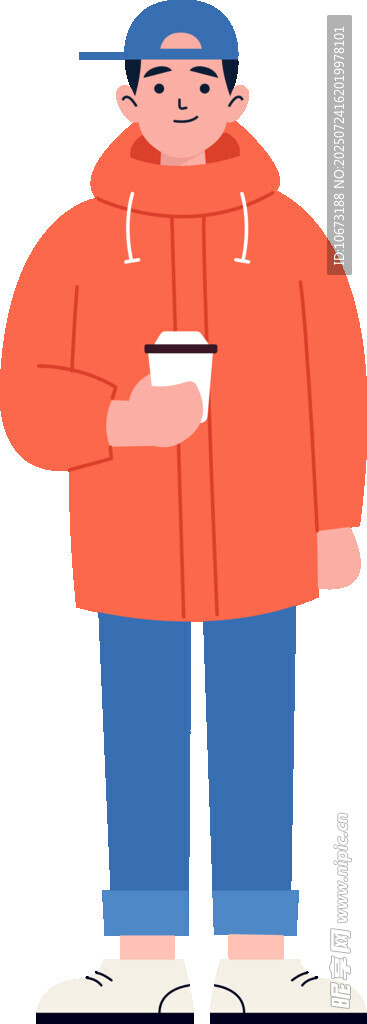 穿橙色外套手拿咖啡的男子