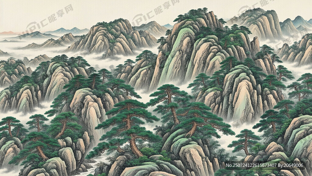 国画 古松 山石 横幅 山岗
