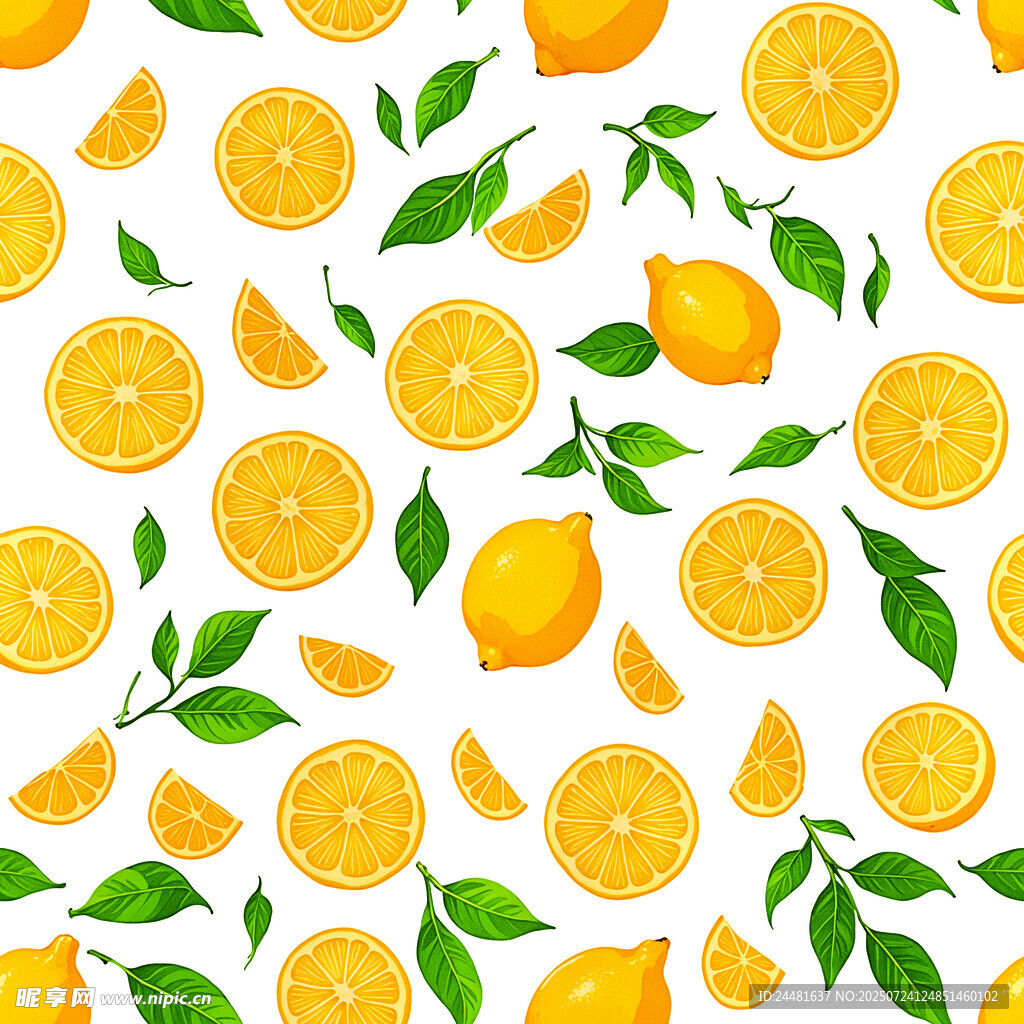 柠檬水果绿叶无缝图案