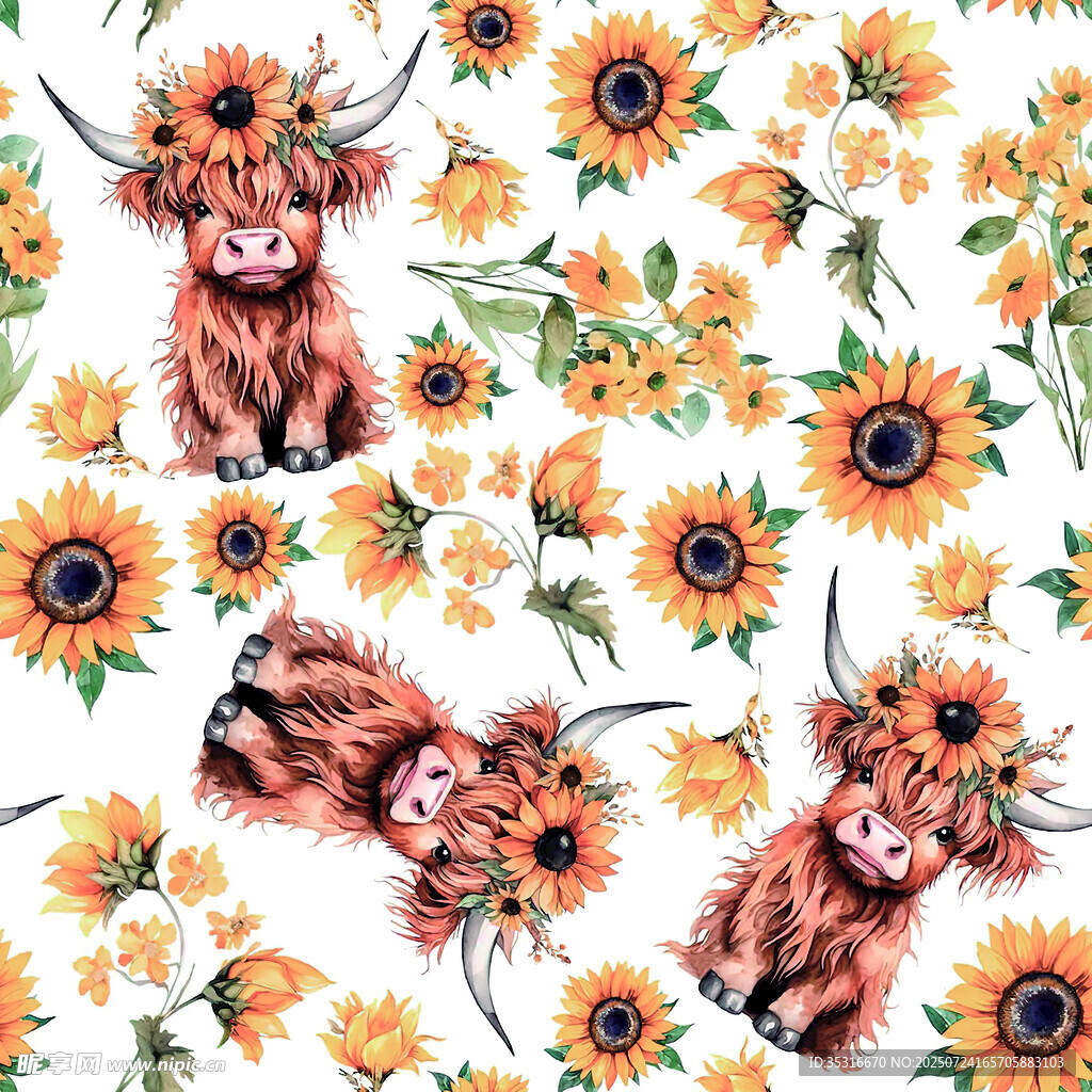 花卉与牛的水彩图案设计