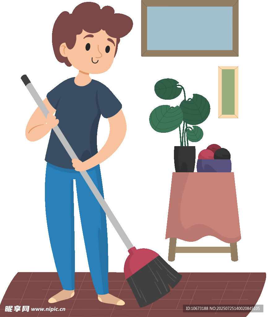 男子持扫帚专注打扫房间