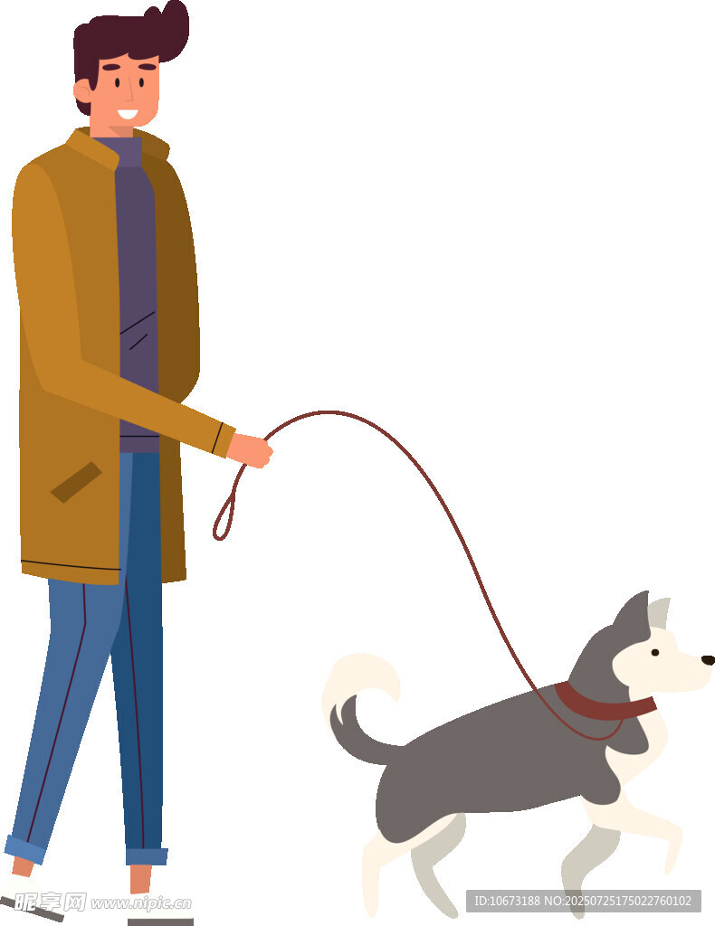 男子牵哈士奇散步