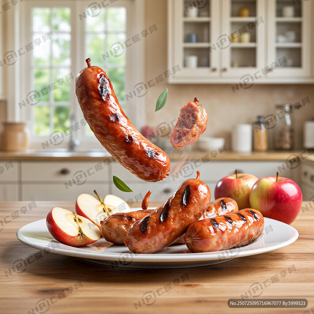 鸡肉烤肠 苹果 有食欲 一盘