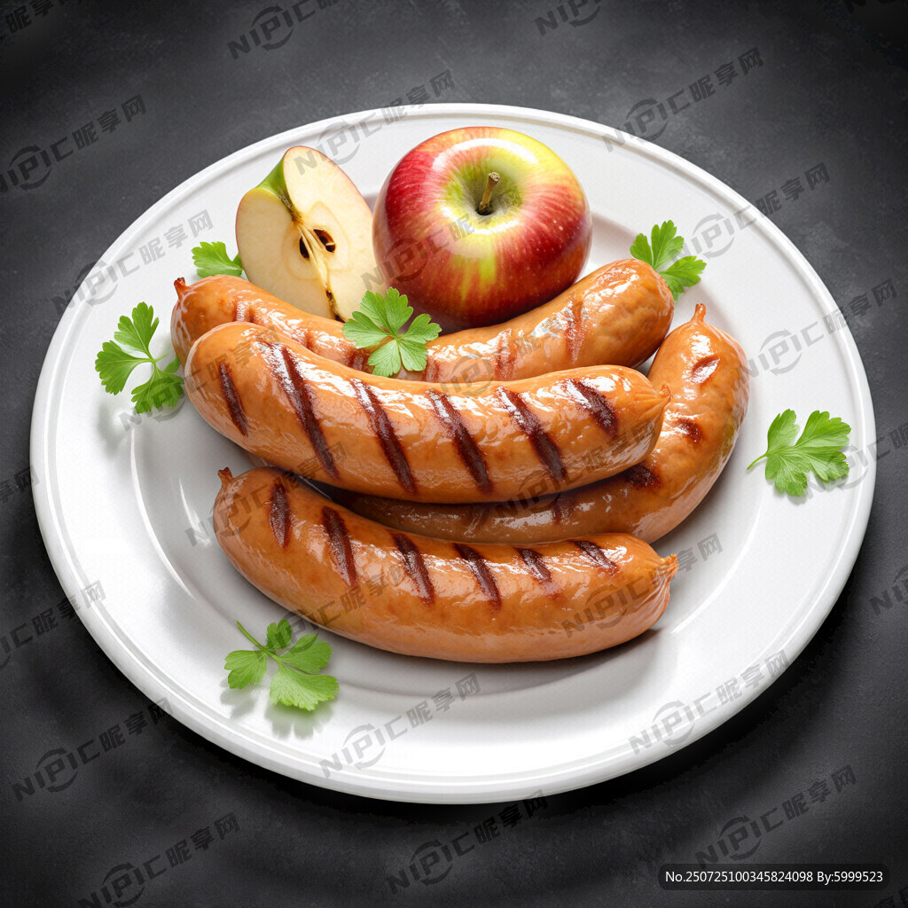 一盘黄色烤肠 俯视 苹果