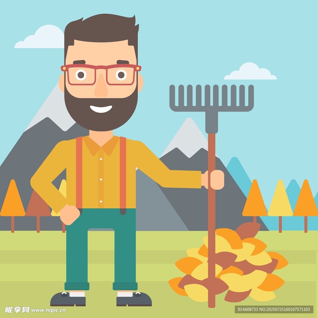 男子持耙站在落叶堆旁