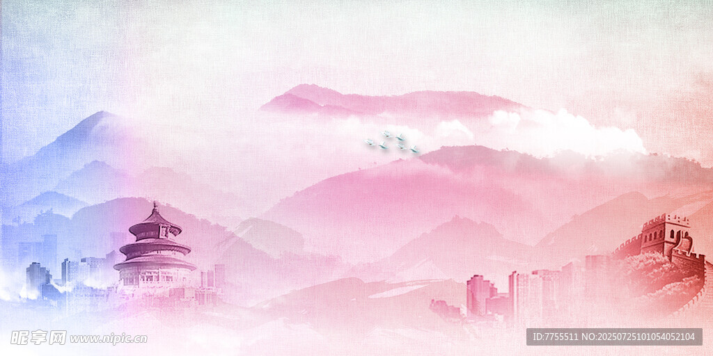 水墨风格山水古建筑图