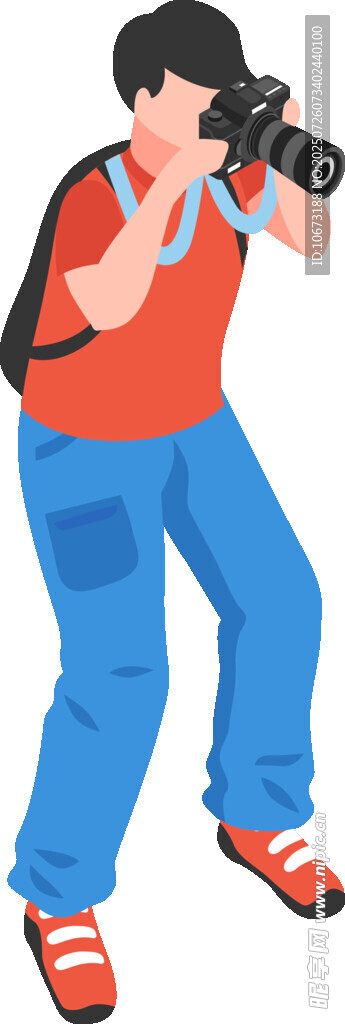 男孩背书包举相机拍照