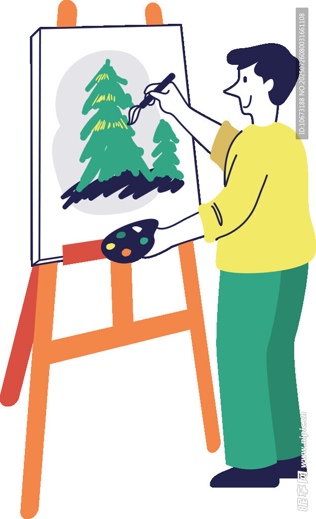 画家专注创作圣诞树画作