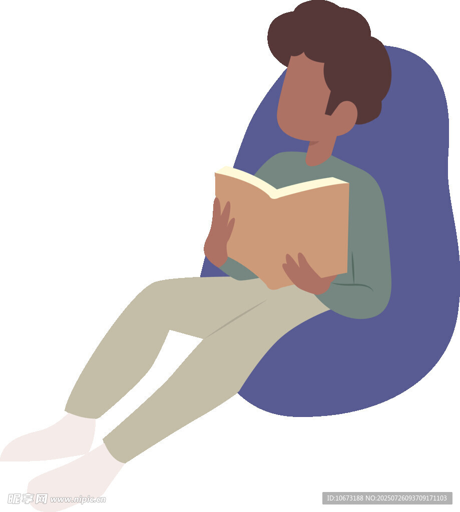 男孩惬意地坐在豆袋椅看书