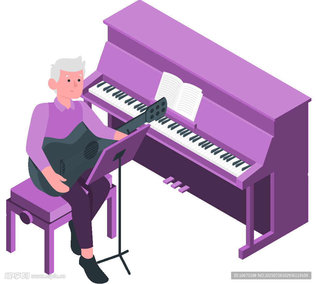 老人优雅弹奏紫色钢琴
