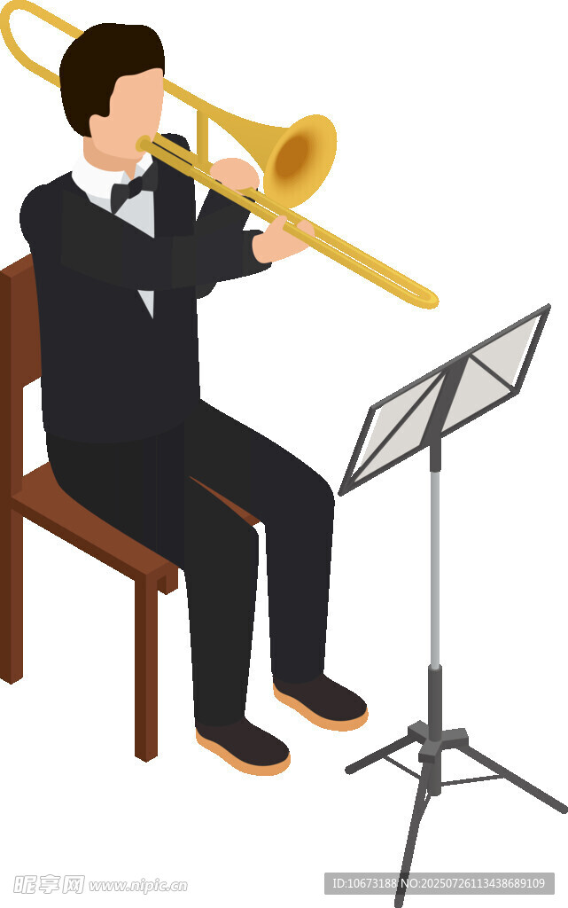 男子端坐吹奏长号