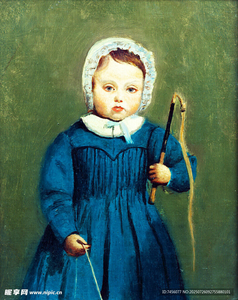 穿蓝衣持杖的可爱小女孩