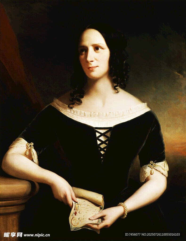 古典黑衣女士持书肖像