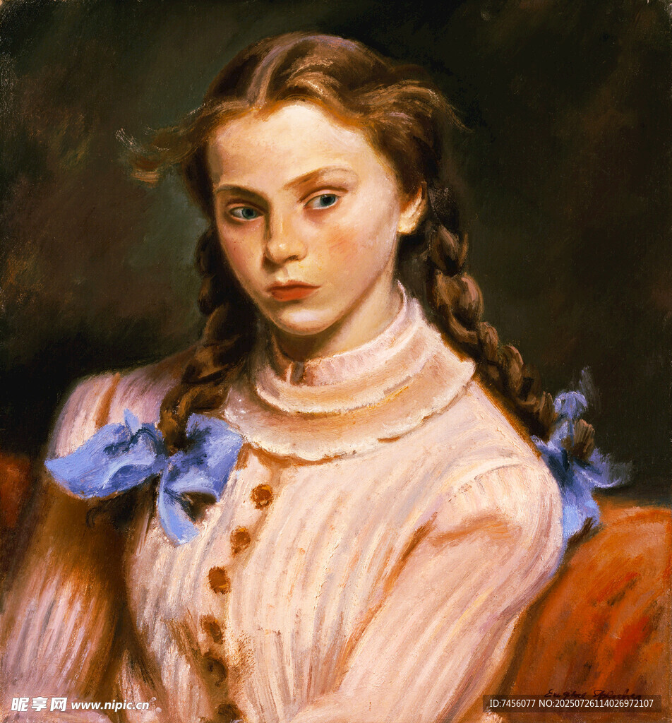 穿粉衣扎辫的少女肖像