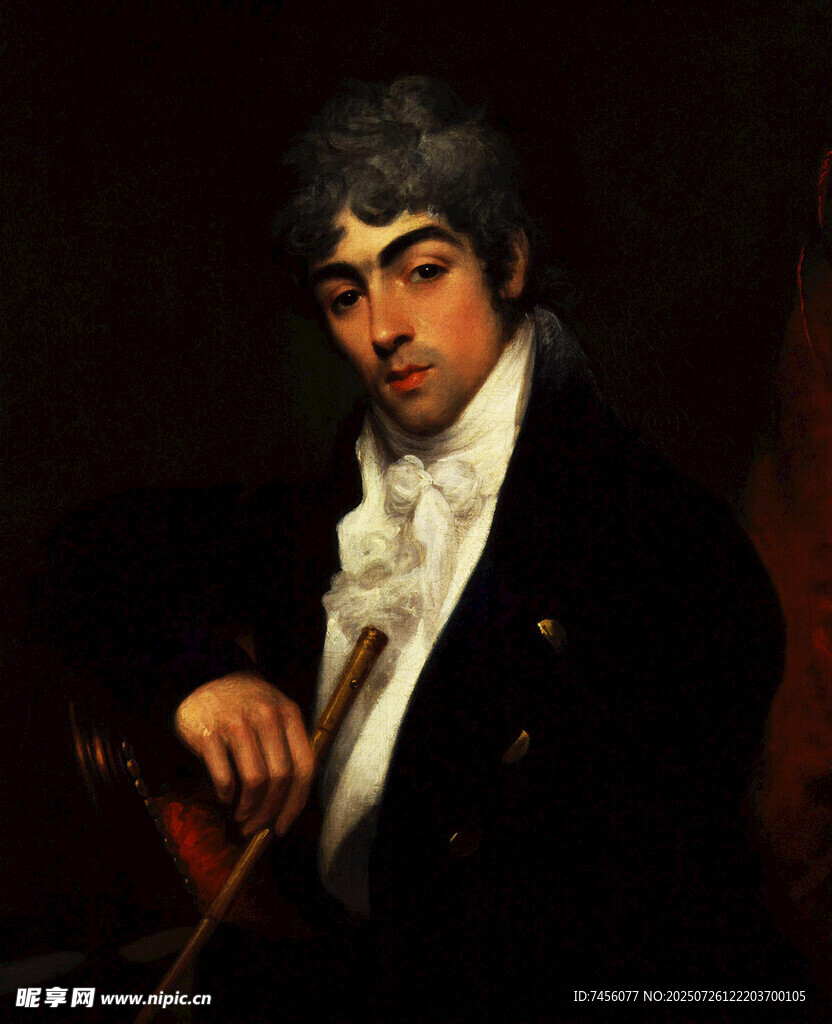 古典装扮男子持杖肖像