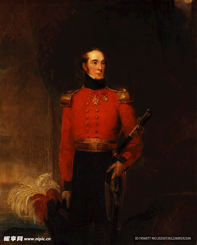 身着红衣的持杖军官画像