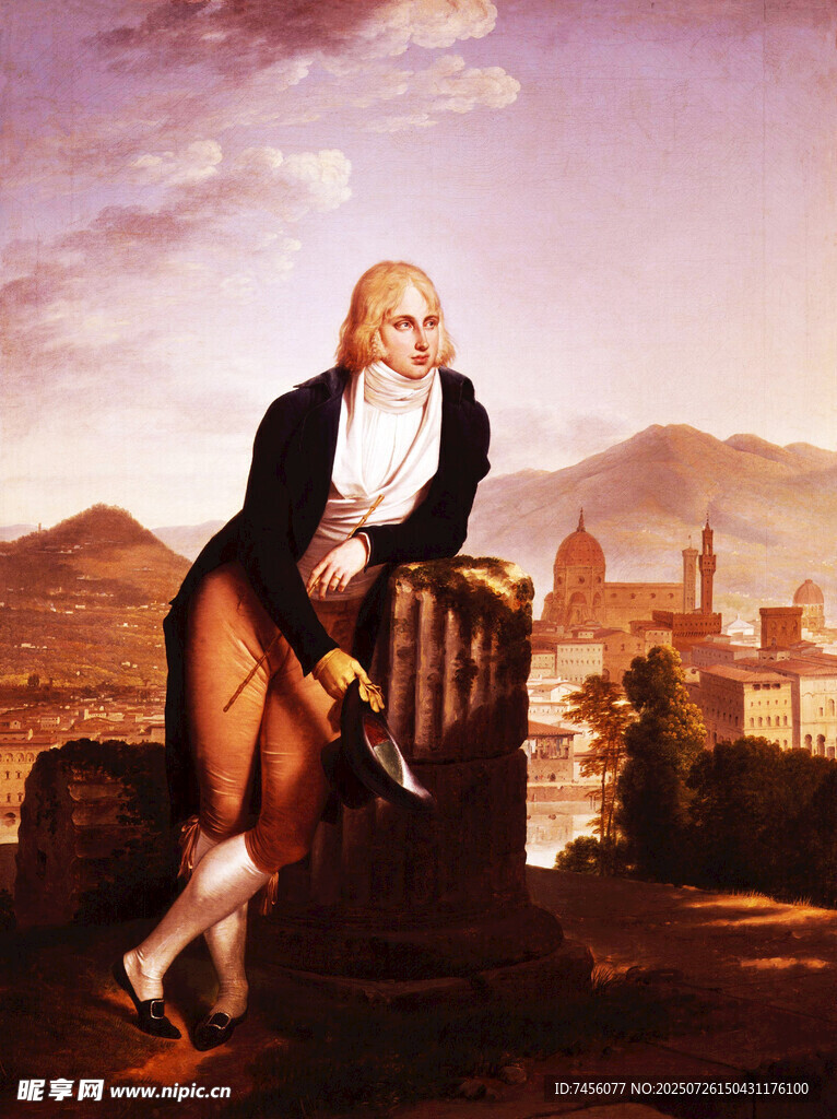 古典装扮男子倚杖眺望