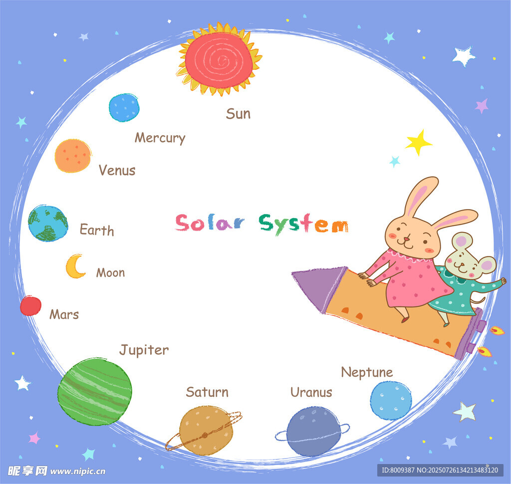 卡通风格太阳系与可爱兔子