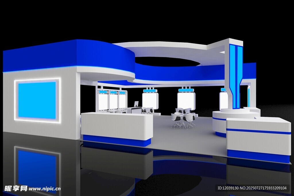 蓝白展厅效果图