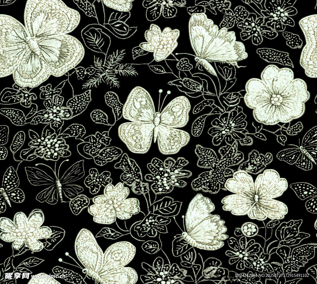 黑白花卉蝴蝶图案纹理